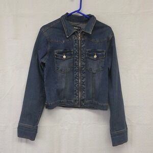 AC-3998 Womens Dark Wash Full Zip Grommet Denim Jacket Blue XXL Cropped Y2K